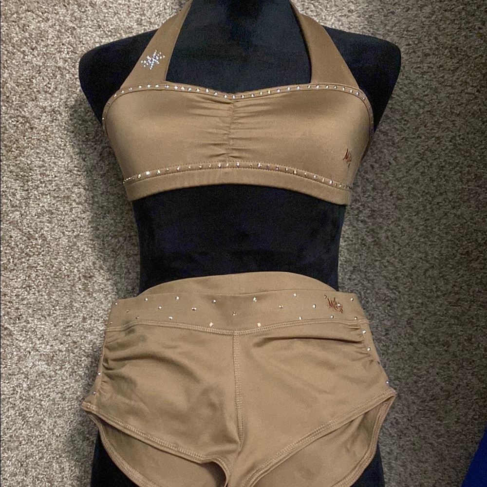 Brown Halter Top & shorts Dance Wear Set with Rhinestone Accents